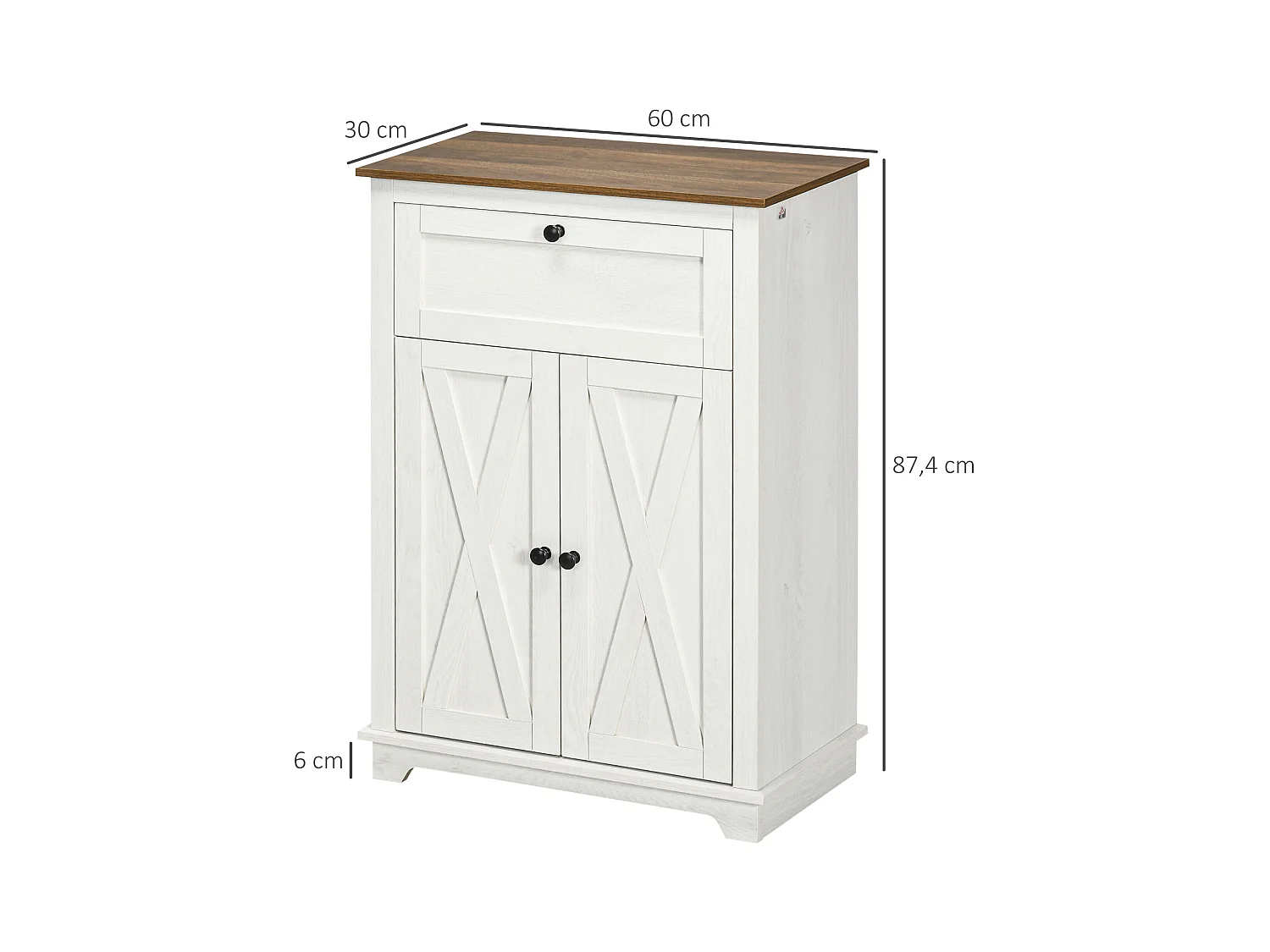 Buffet 2 portes étagère tiroir coulissant style rural chic façades portes à croisillons poignées métal noir blanc aspect bois