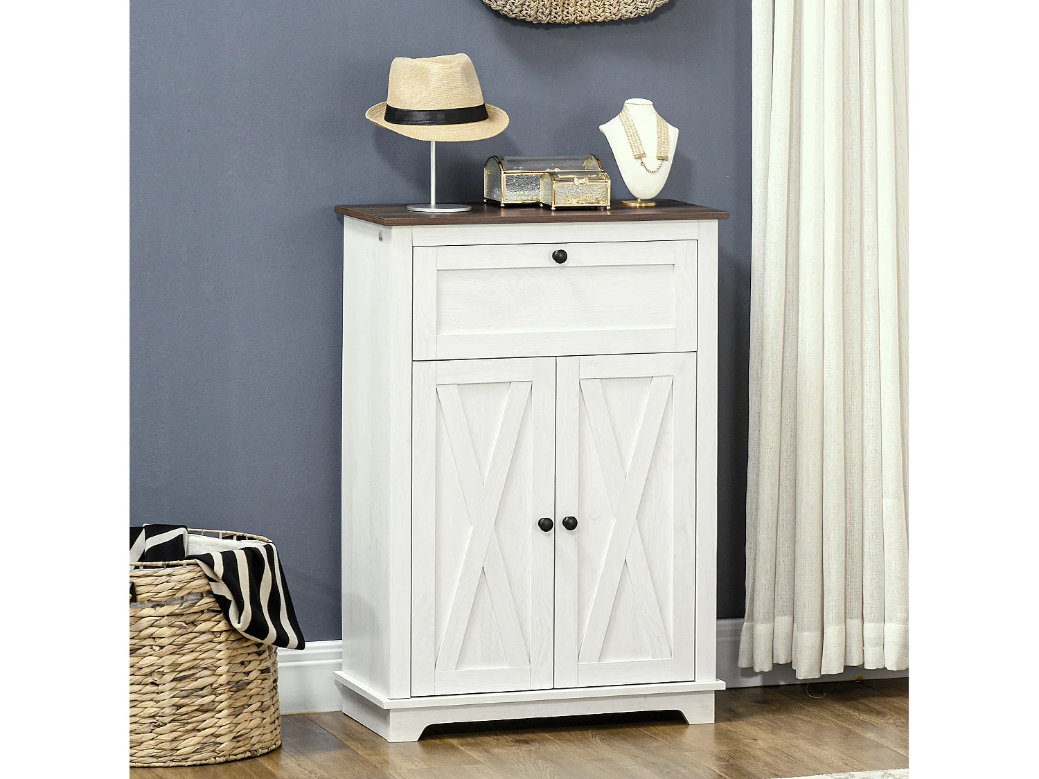 Buffet 2 portes étagère tiroir coulissant style rural chic façades portes à croisillons poignées métal noir blanc aspect bois