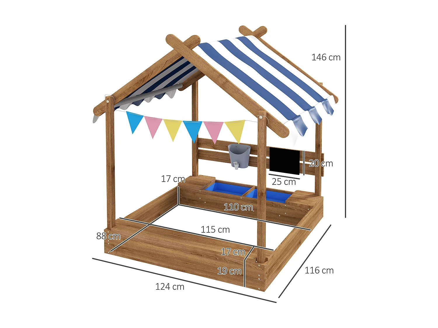 Bac à sable bois forme de maison auvent 2 bacs évier tableau noir fanions