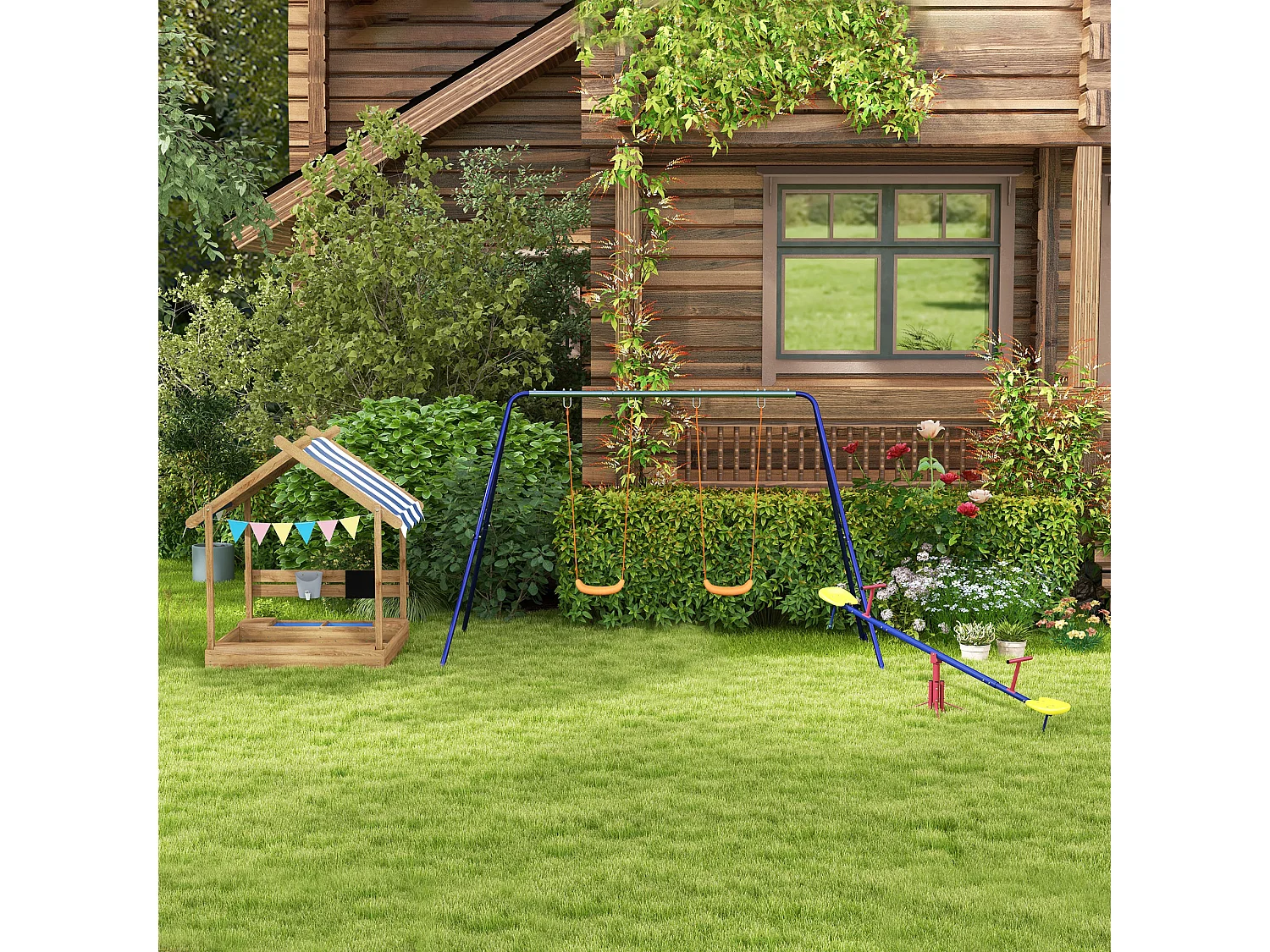 Bac à sable bois forme de maison auvent 2 bacs évier tableau noir fanions