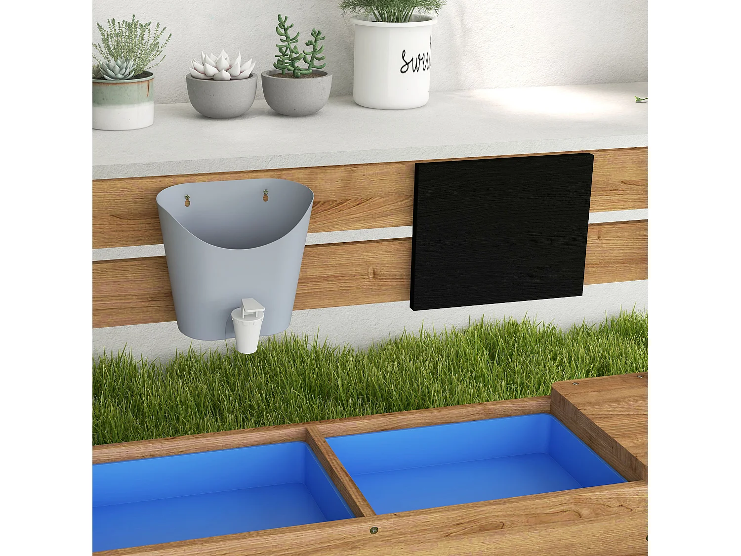 Bac à sable bois forme de maison auvent 2 bacs évier tableau noir fanions