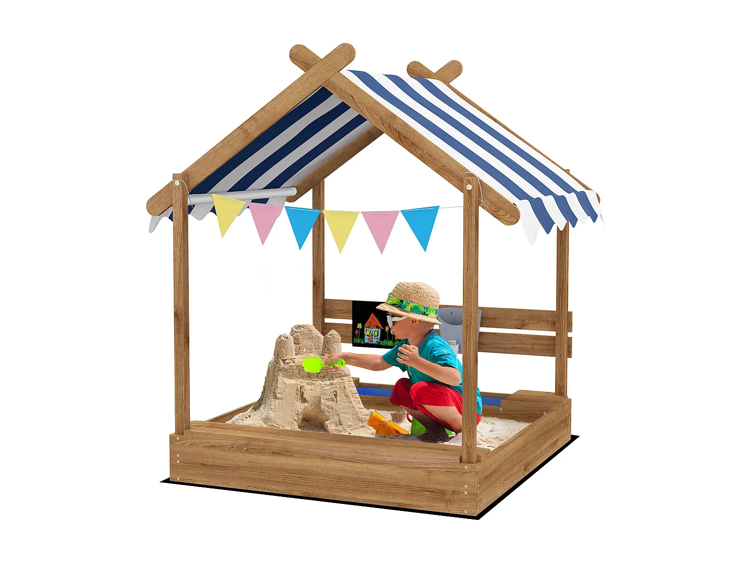 Bac à sable bois forme de maison auvent 2 bacs évier tableau noir fanions