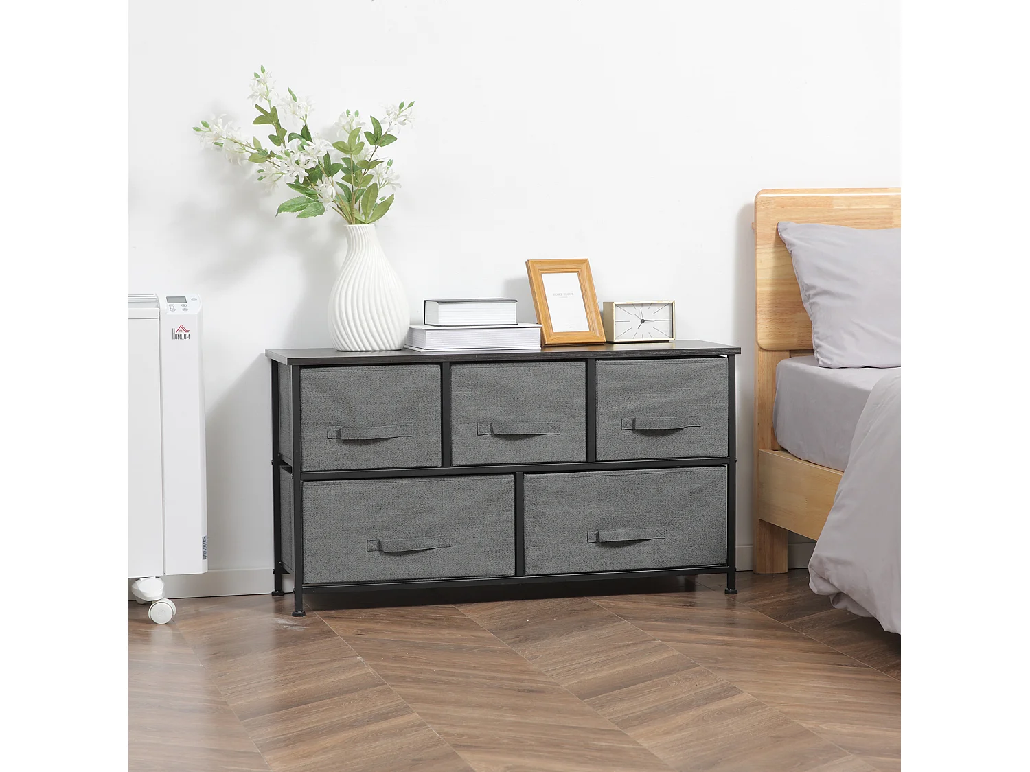 Commode meuble de rangement 5 tiroirs non-tissés anthracite structure métal noir plateau MDF aspect bois