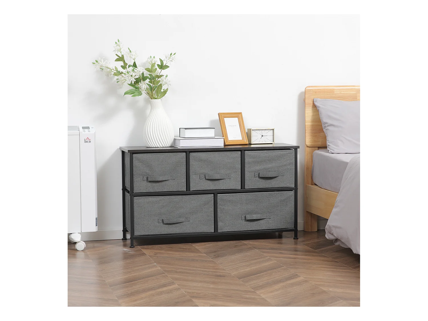 Commode meuble de rangement 5 tiroirs non-tissés anthracite structure métal noir plateau MDF aspect bois
