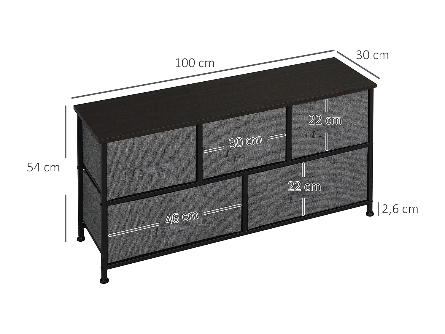 Commode meuble de rangement 5 tiroirs non-tissés anthracite structure métal noir plateau MDF aspect bois