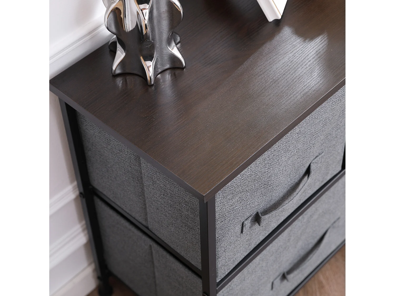 Commode meuble de rangement 5 tiroirs non-tissés anthracite structure métal noir plateau MDF aspect bois