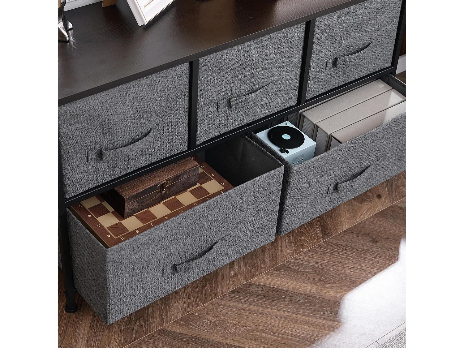 Commode meuble de rangement 5 tiroirs non-tissés anthracite structure métal noir plateau MDF aspect bois