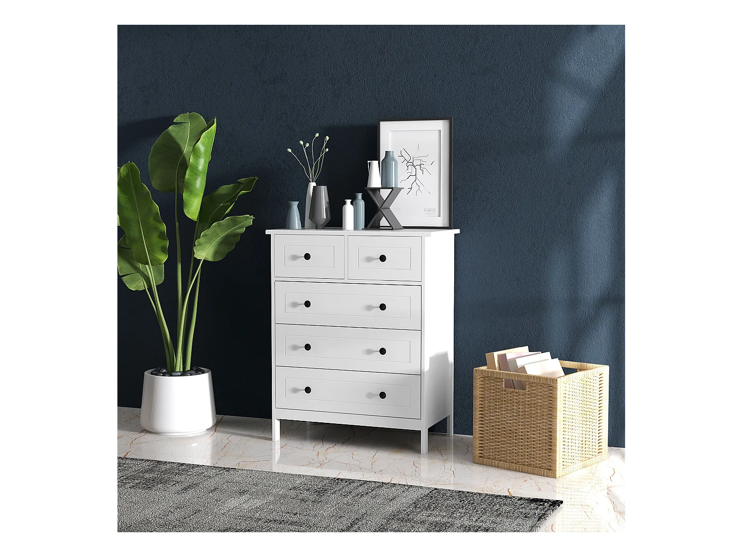 Commode 5 tiroirs style contemporain poignées boutons métal noir MDF panneaux blanc