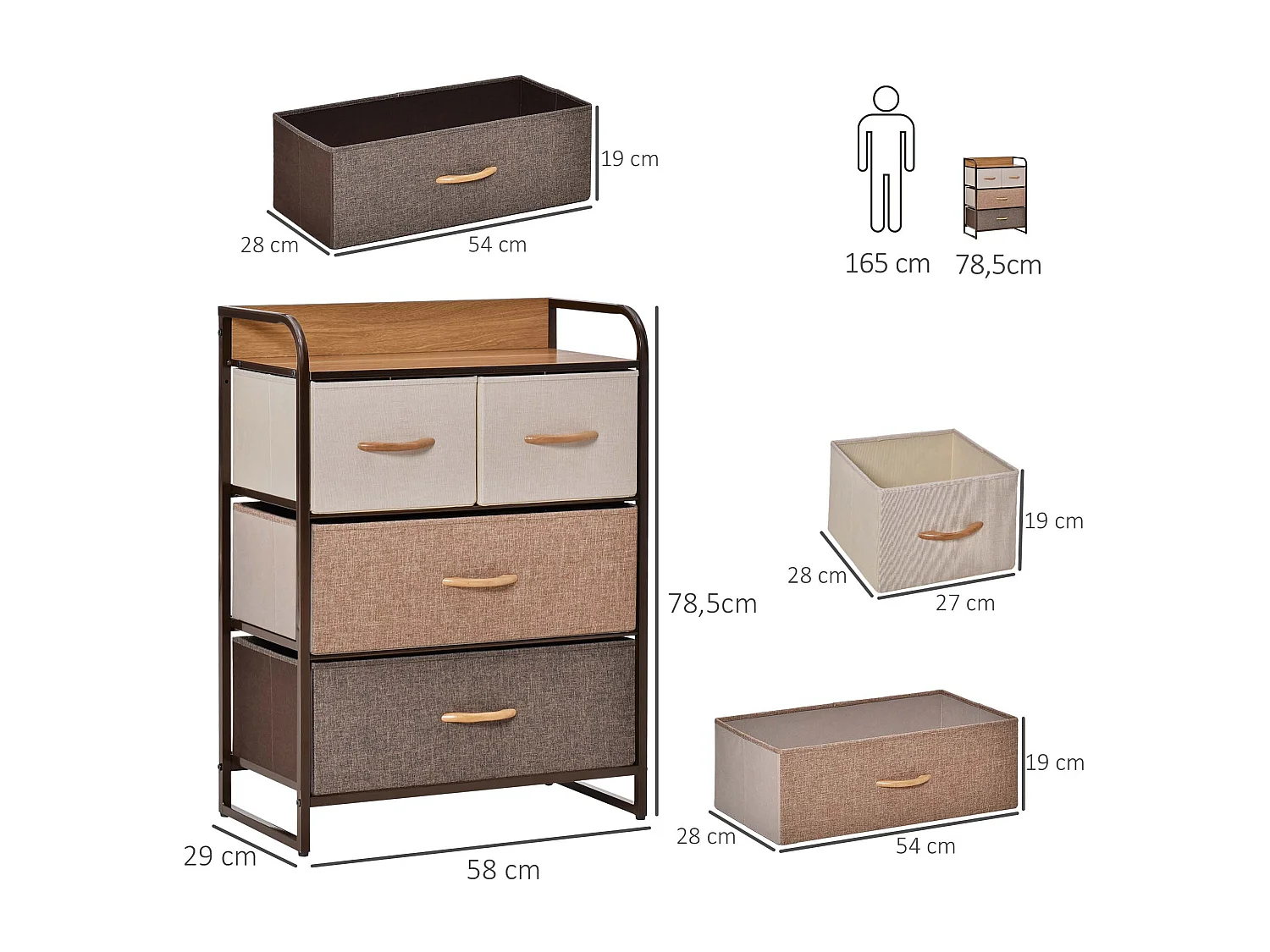 Meuble de rangement chiffonnier 4 tiroirs en tissu 58 x 29 x 78,5 cm marron beige brun