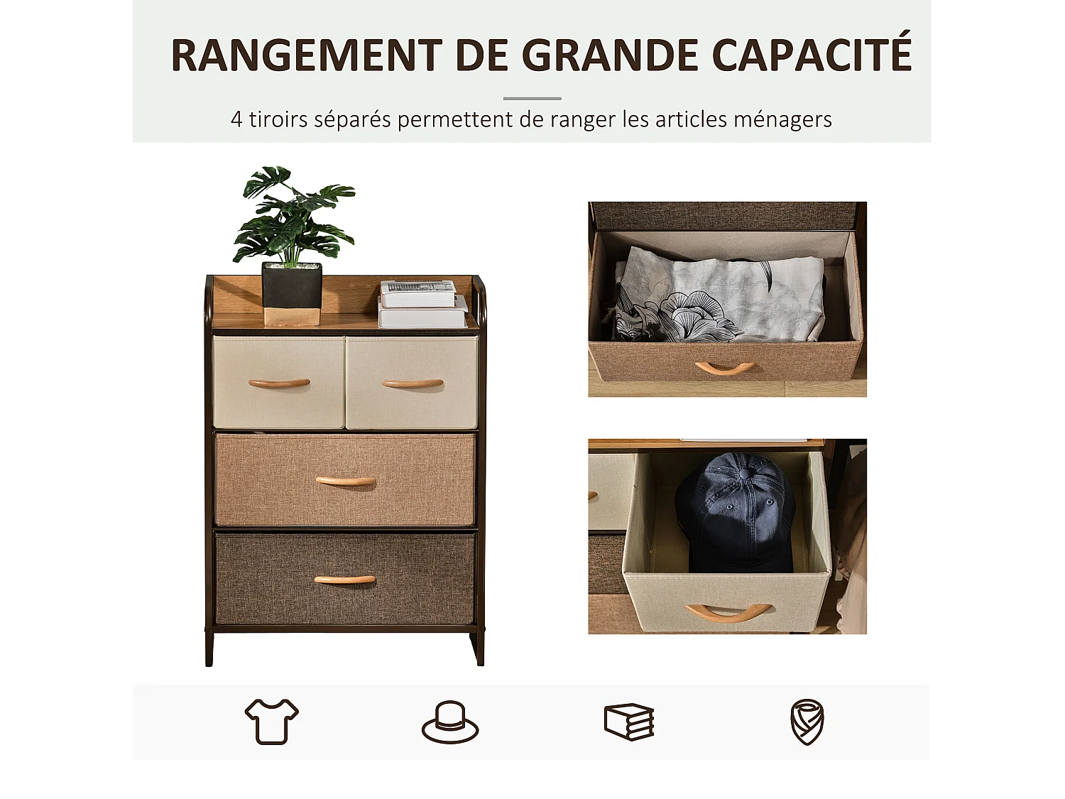 Meuble de rangement chiffonnier 4 tiroirs en tissu 58 x 29 x 78,5 cm marron beige brun