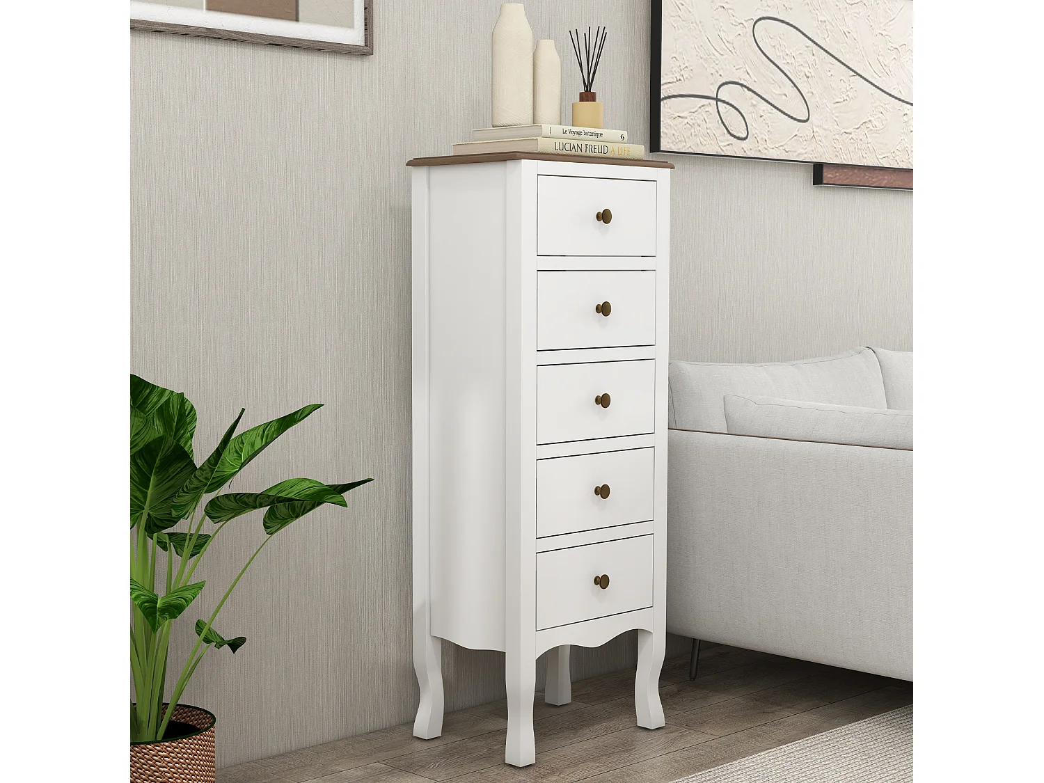 Meuble de rangement chiffonnier style néo-rétro 5 tiroirs poignées boutons bois MDF blanc