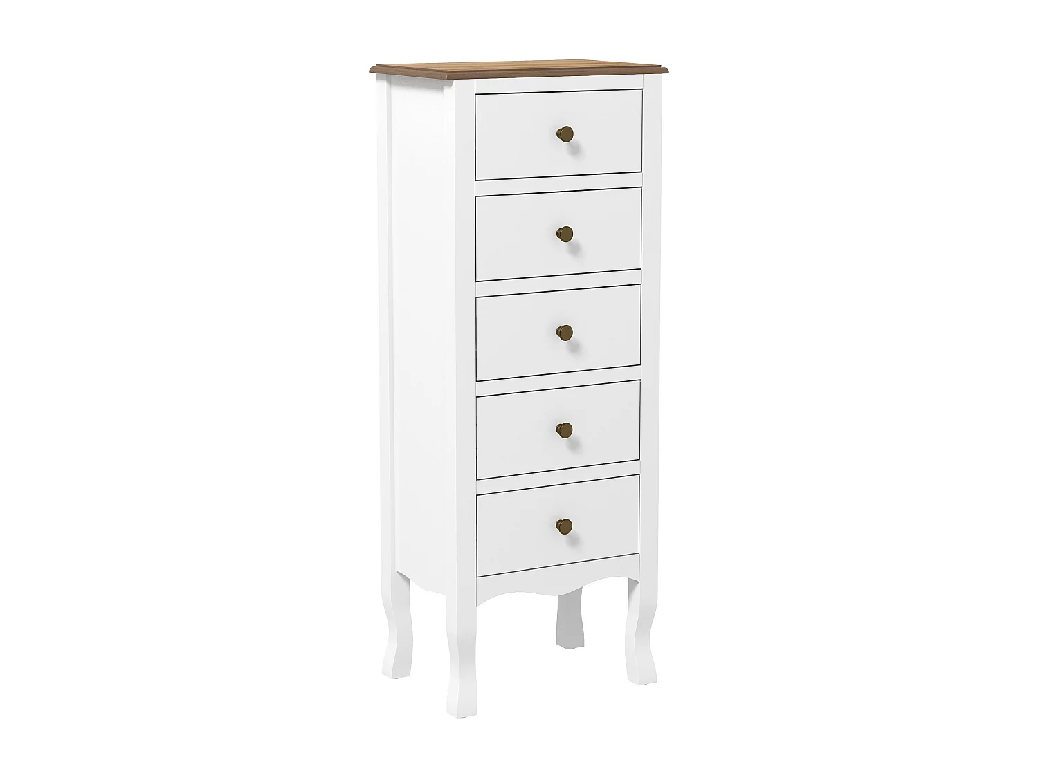 Meuble de rangement chiffonnier style néo-rétro 5 tiroirs poignées boutons bois MDF blanc