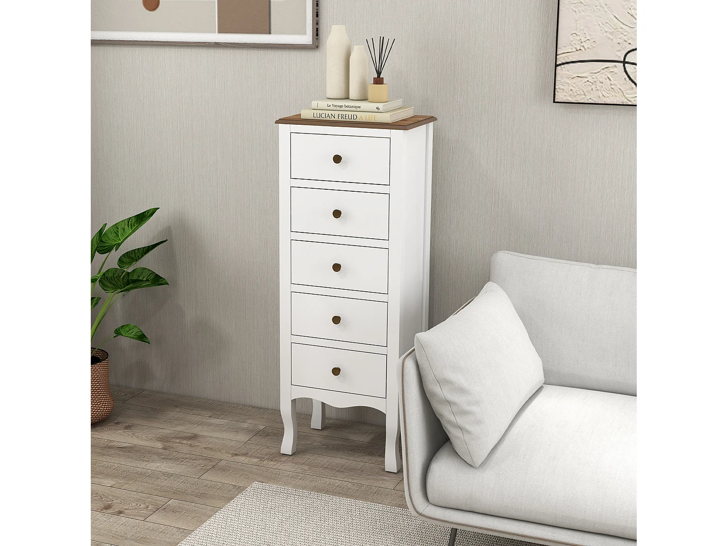 Meuble de rangement chiffonnier style néo-rétro 5 tiroirs poignées boutons bois MDF blanc