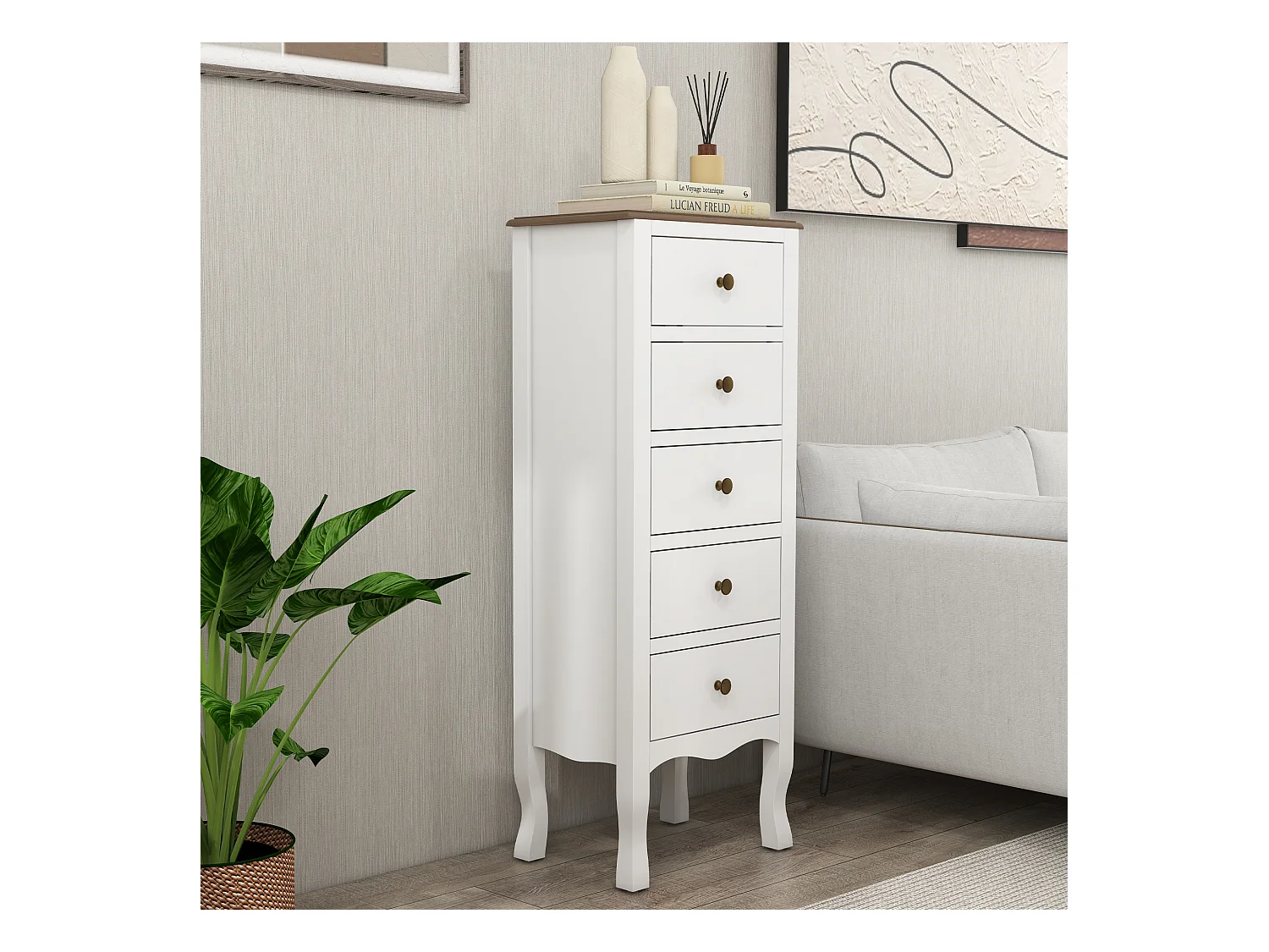 Meuble de rangement chiffonnier style néo-rétro 5 tiroirs poignées boutons bois MDF blanc