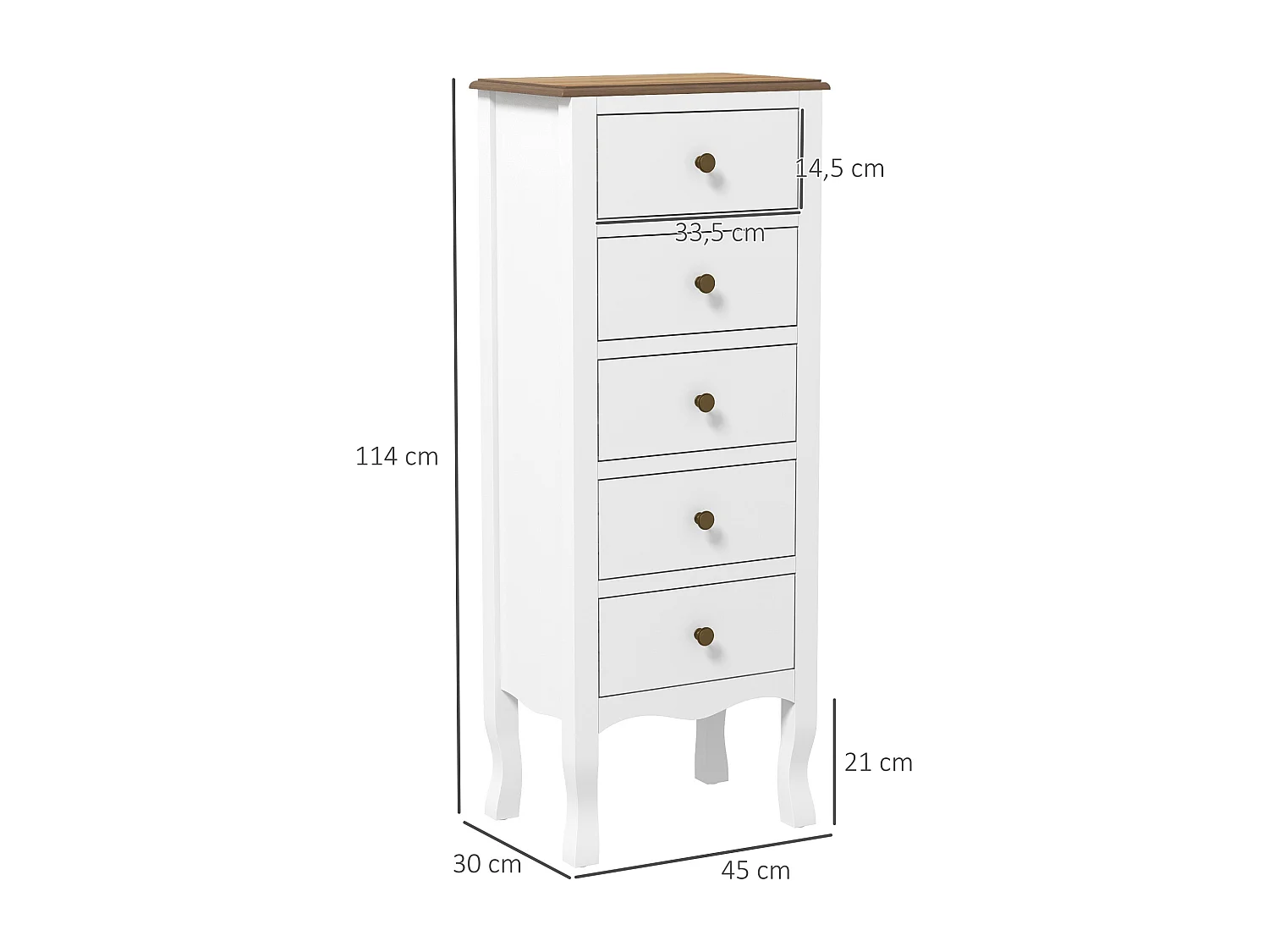 Meuble de rangement chiffonnier style néo-rétro 5 tiroirs poignées boutons bois MDF blanc