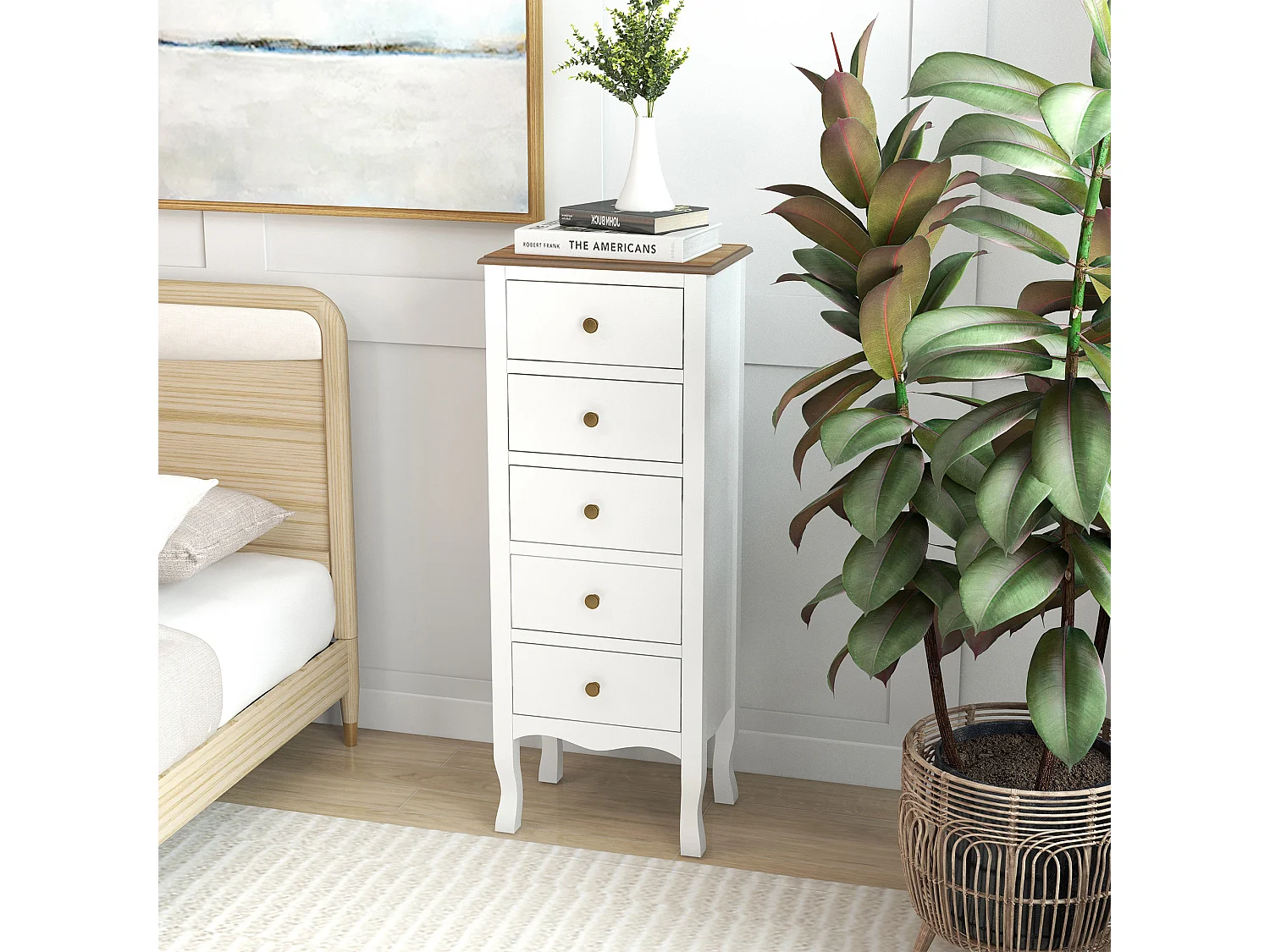 Meuble de rangement chiffonnier style néo-rétro 5 tiroirs poignées boutons bois MDF blanc