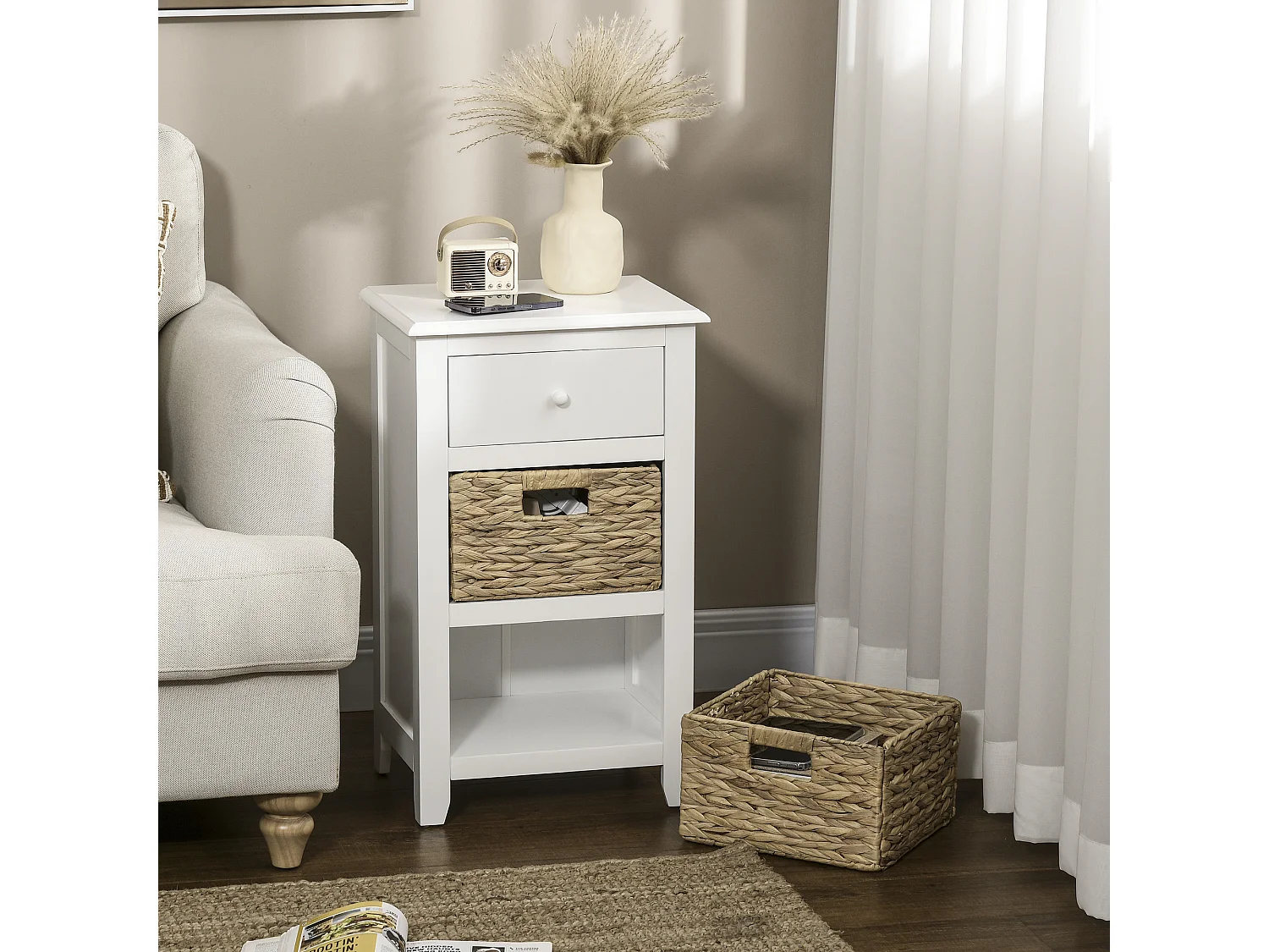 Chifonnier 3 tiroirs style cosy chic jacynthe d'eau MDF blanc