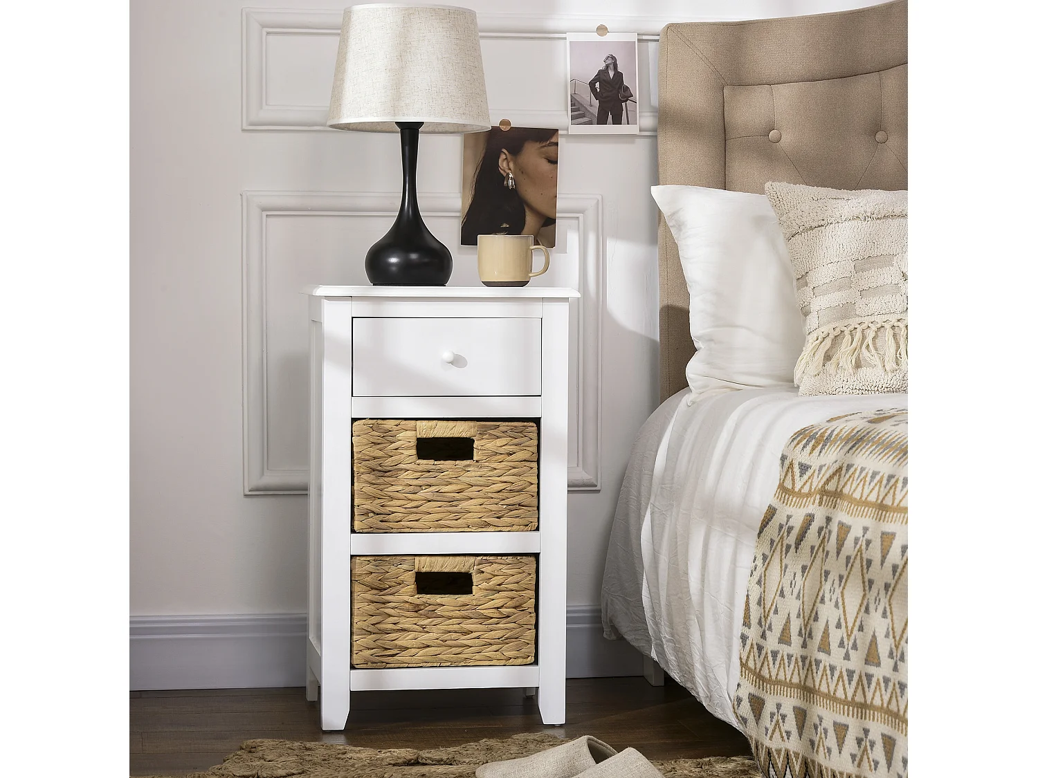 Chifonnier 3 tiroirs style cosy chic jacynthe d'eau MDF blanc