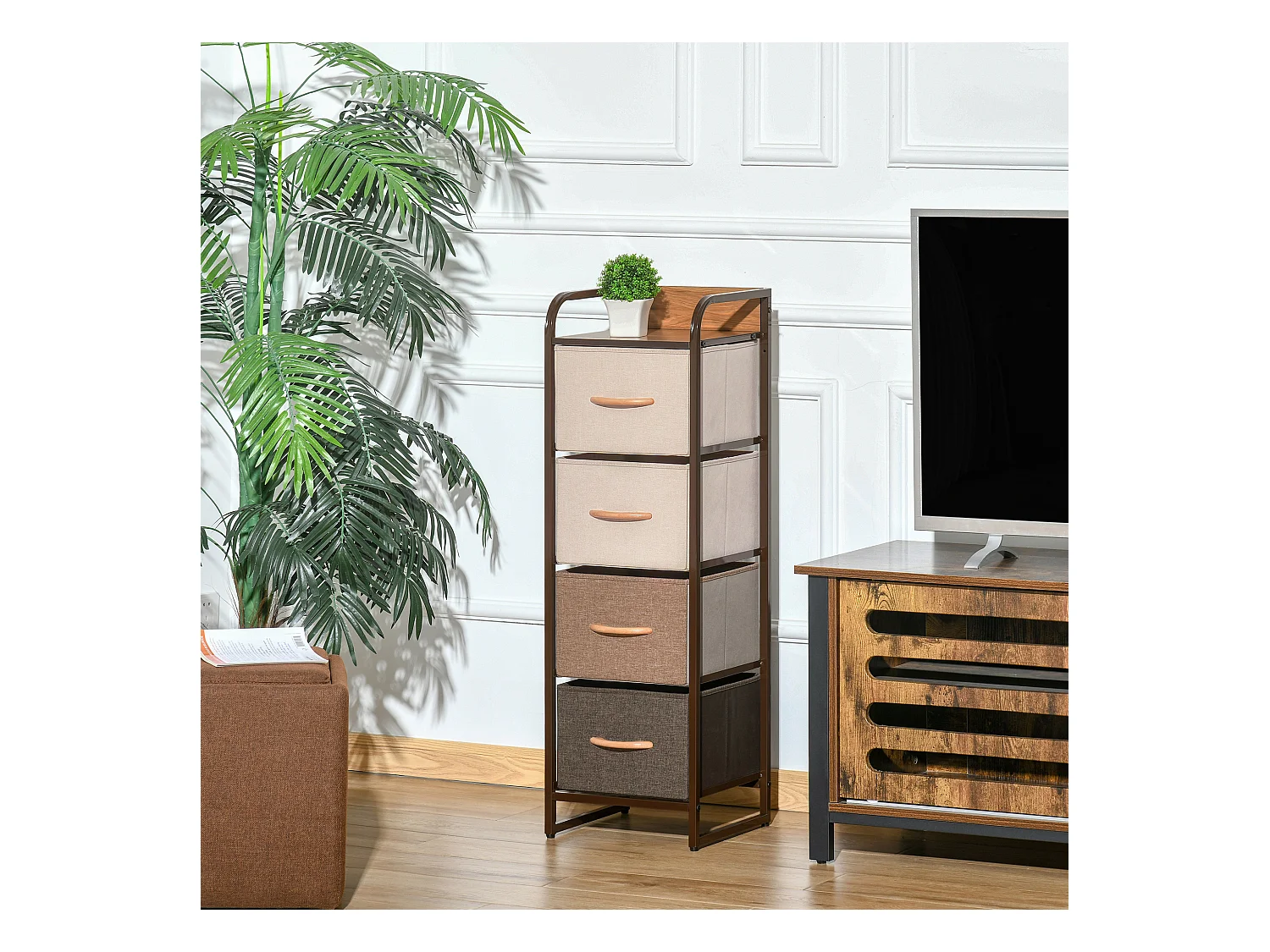 Meuble de rangement chiffonnier 4 tiroirs acier MDF aspect bois non tissé marron beige