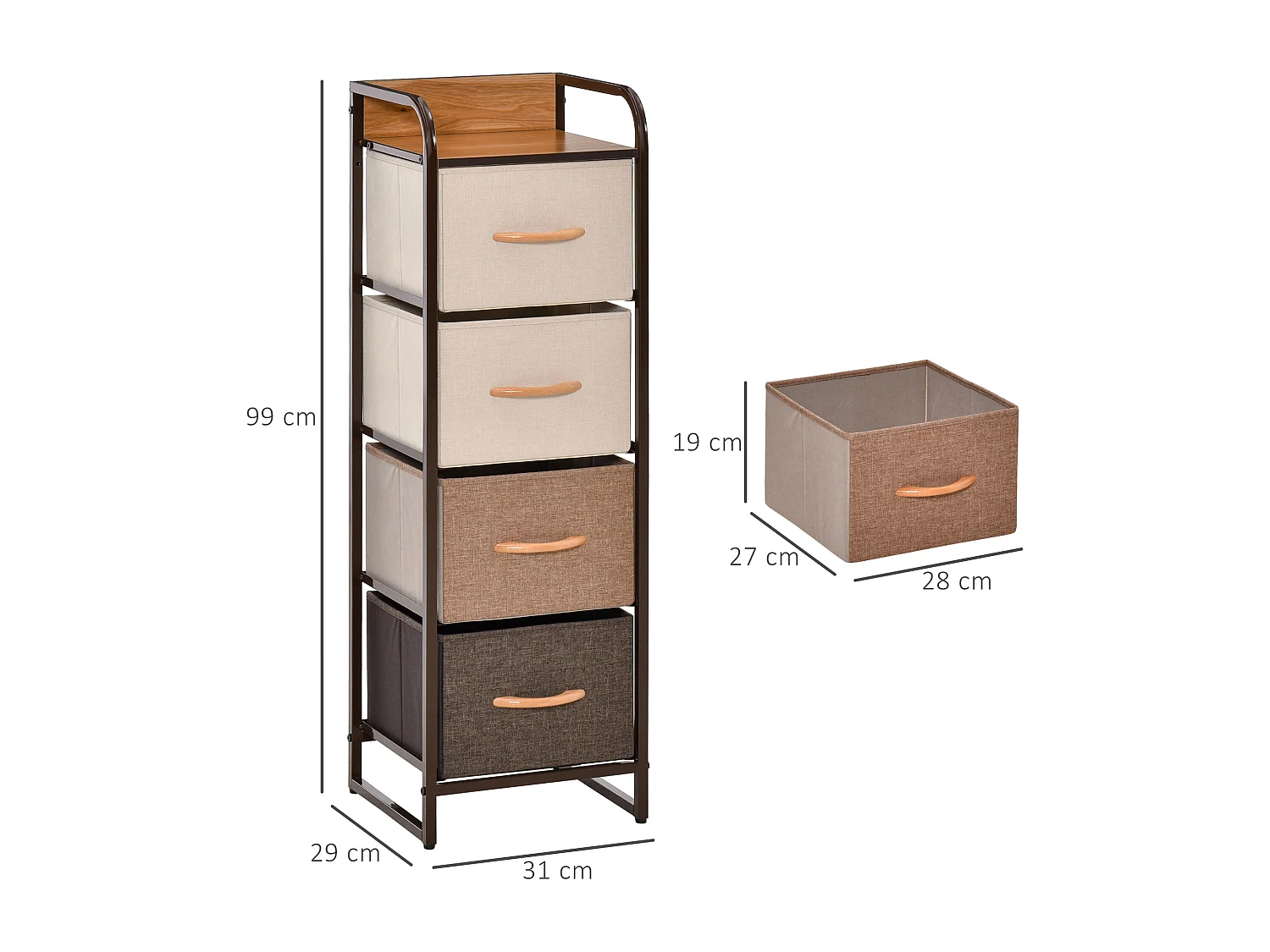 Meuble de rangement chiffonnier 4 tiroirs acier MDF aspect bois non tissé marron beige