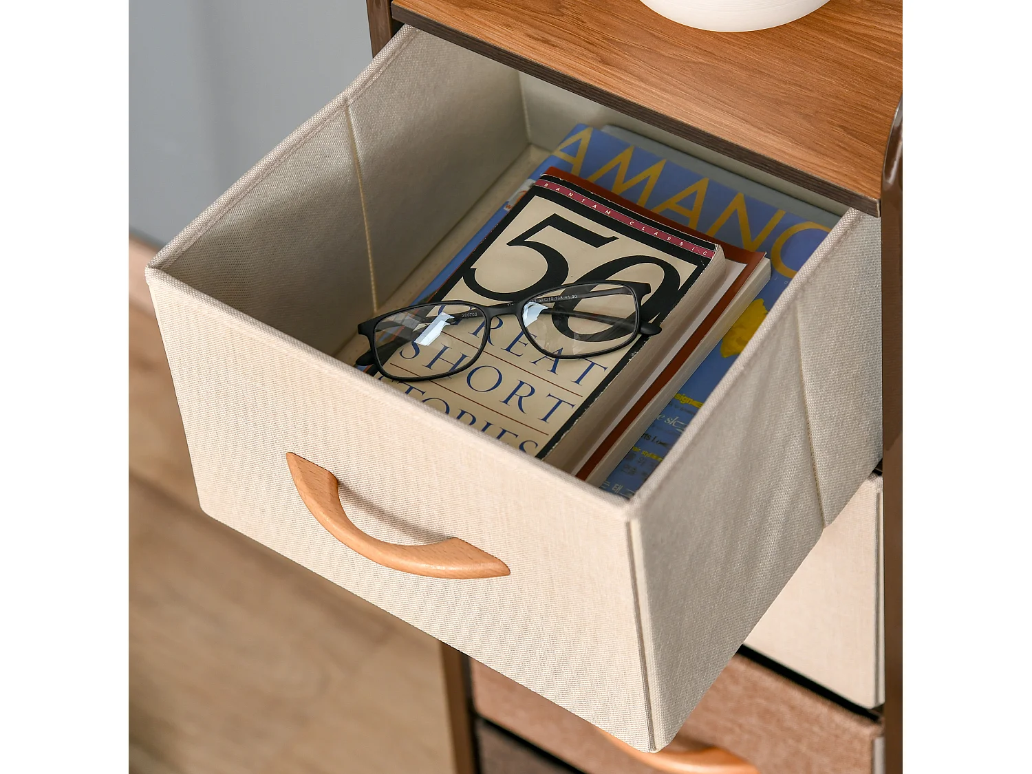 Meuble de rangement chiffonnier 4 tiroirs acier MDF aspect bois non tissé marron beige