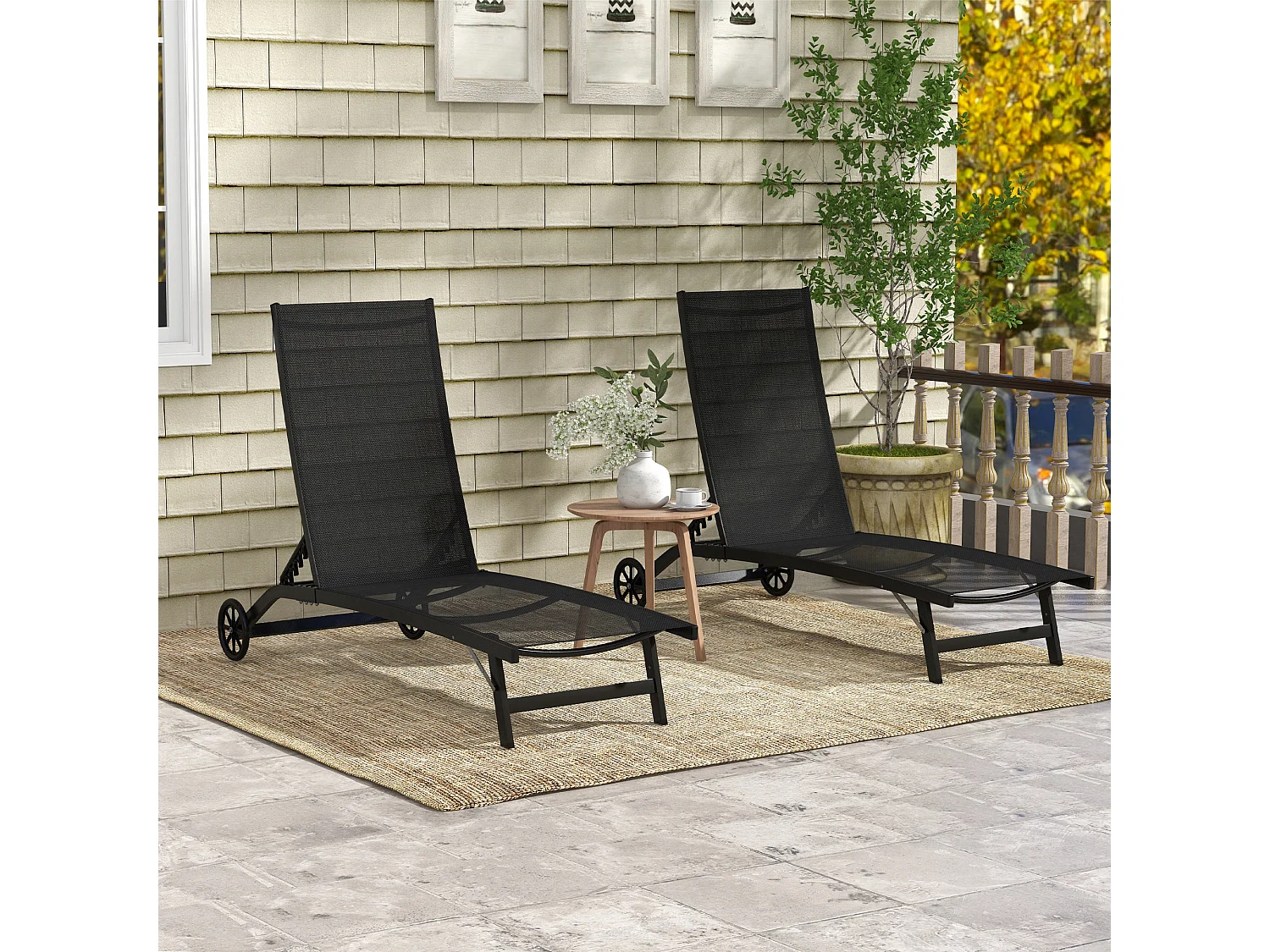 Lot de 2 bains de soleil transats inclinables - 2 roulettes - alu. textilène noir