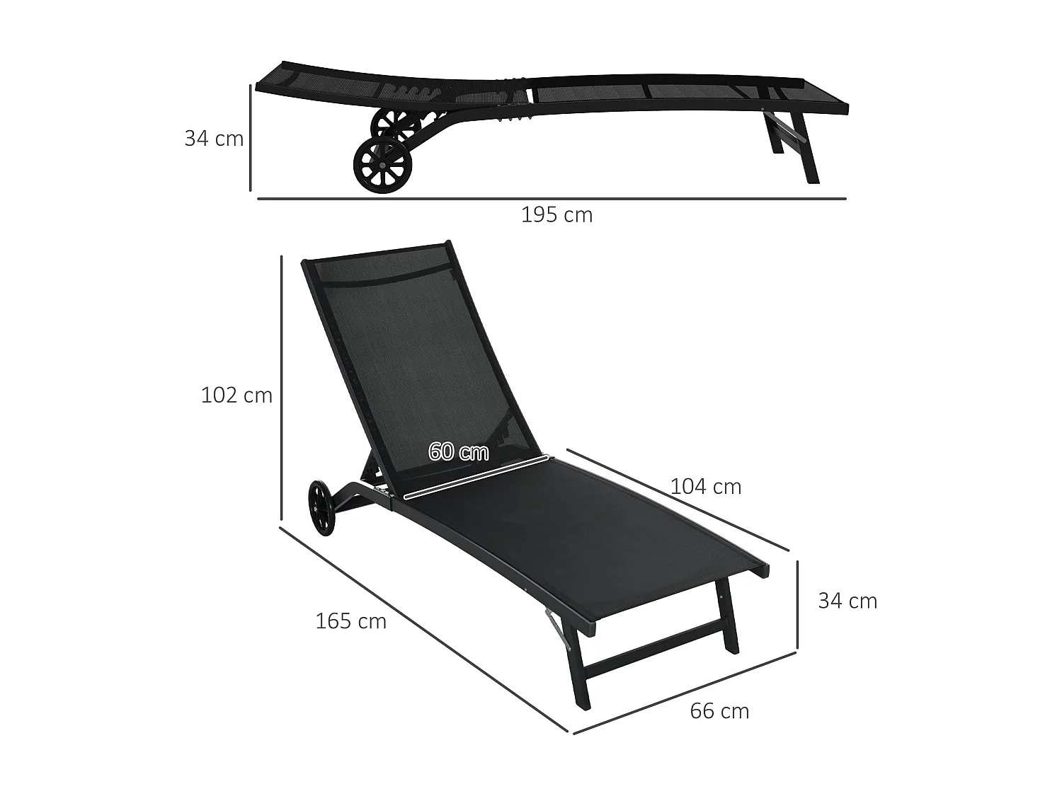 Lot de 2 bains de soleil transats inclinables - 2 roulettes - alu. textilène noir