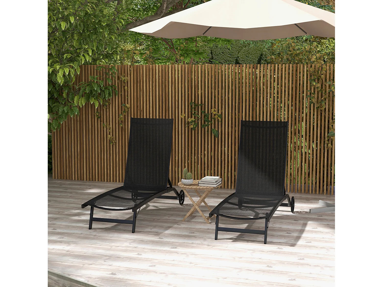 Lot de 2 bains de soleil transats inclinables - 2 roulettes - alu. textilène noir