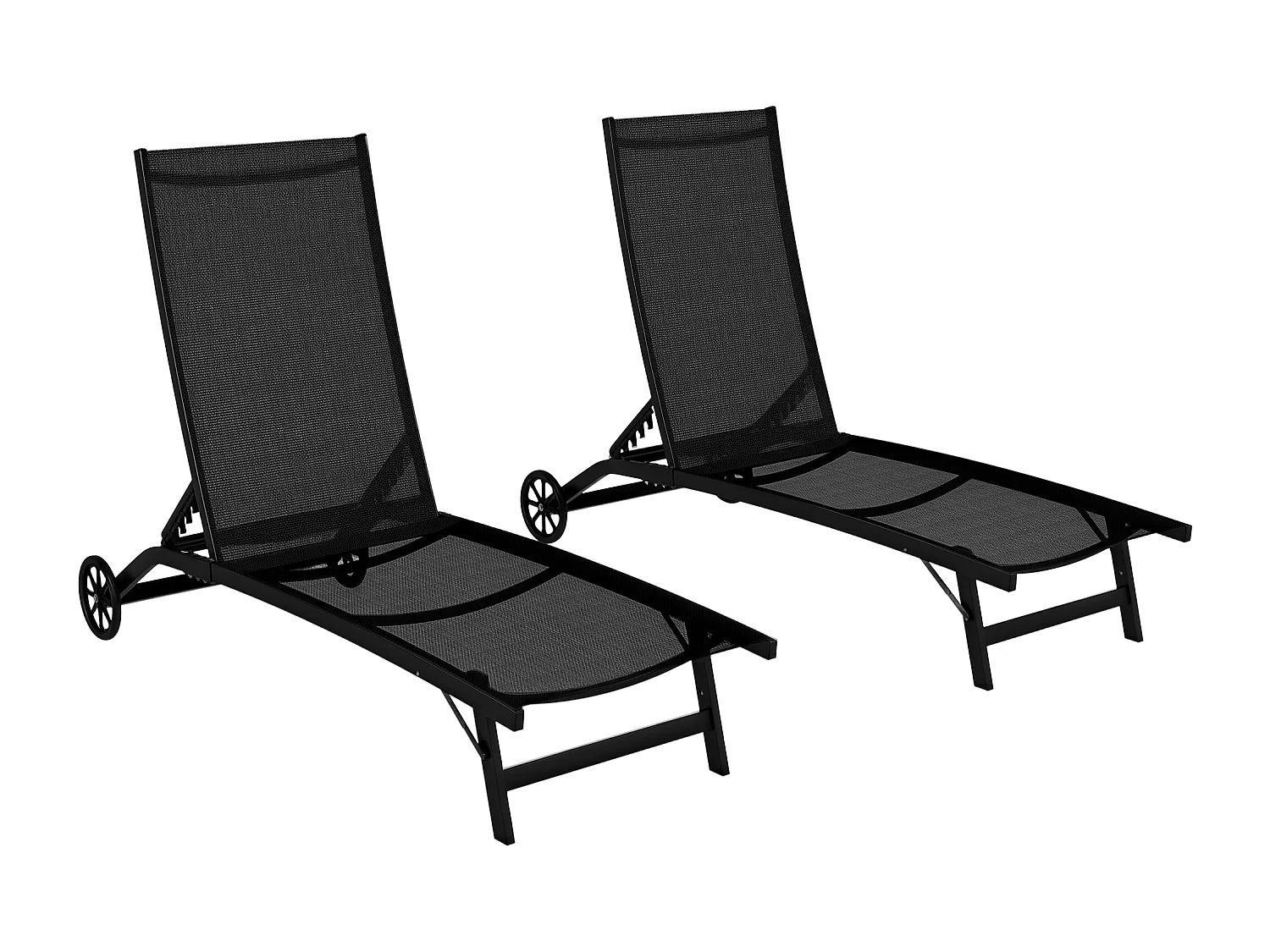 Lot de 2 bains de soleil transats inclinables - 2 roulettes - alu. textilène noir