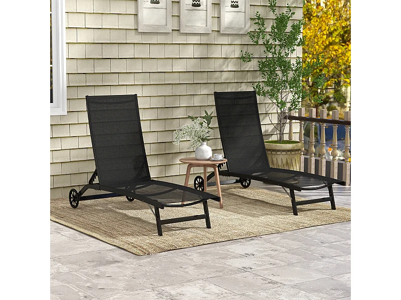 Lot de 2 bains de soleil transats inclinables - 2 roulettes - alu. textilène noir