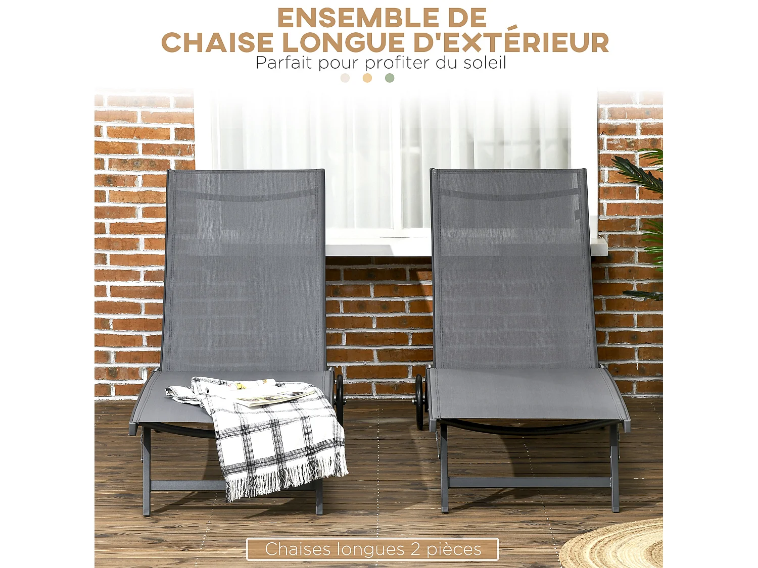 Lot de 2 bains de soleil transats inclinables - 2 roulettes - alu. textilène gris