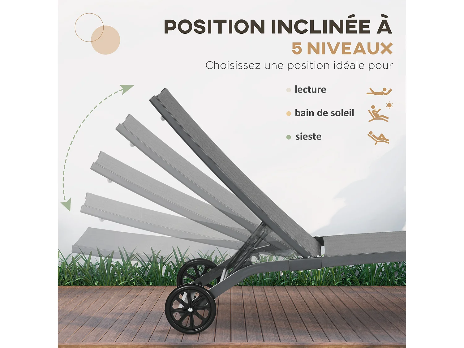 Lot de 2 bains de soleil transats inclinables - 2 roulettes - alu. textilène gris