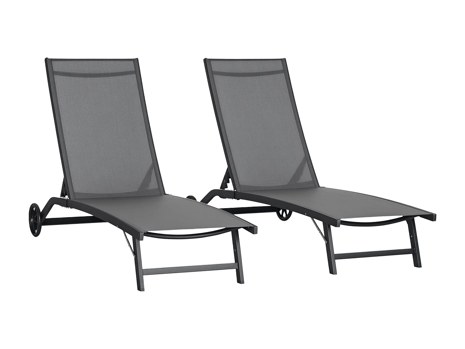 Lot de 2 bains de soleil transats inclinables - 2 roulettes - alu. textilène gris