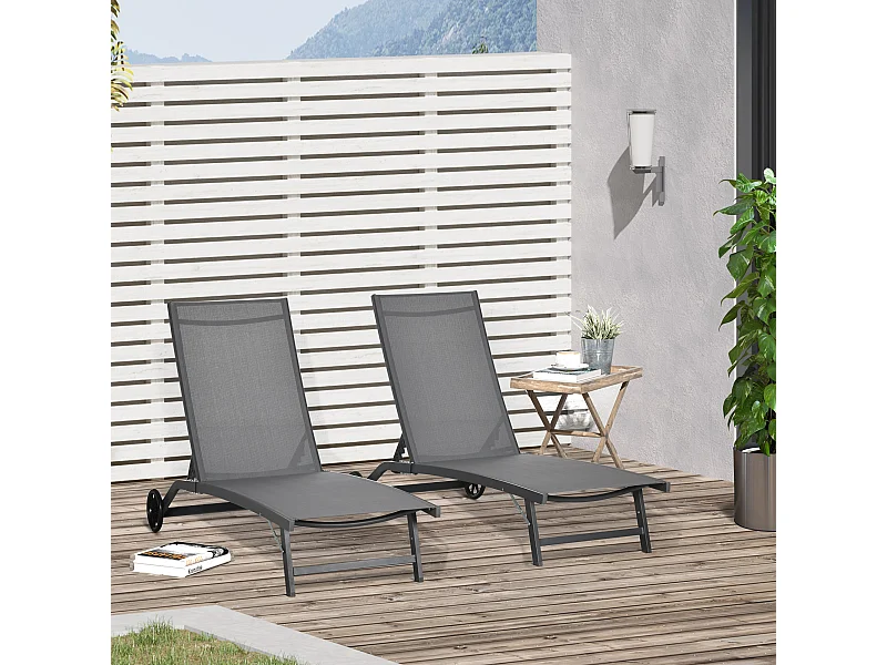 Lot de 2 bains de soleil transats inclinables - 2 roulettes - alu. textilène gris