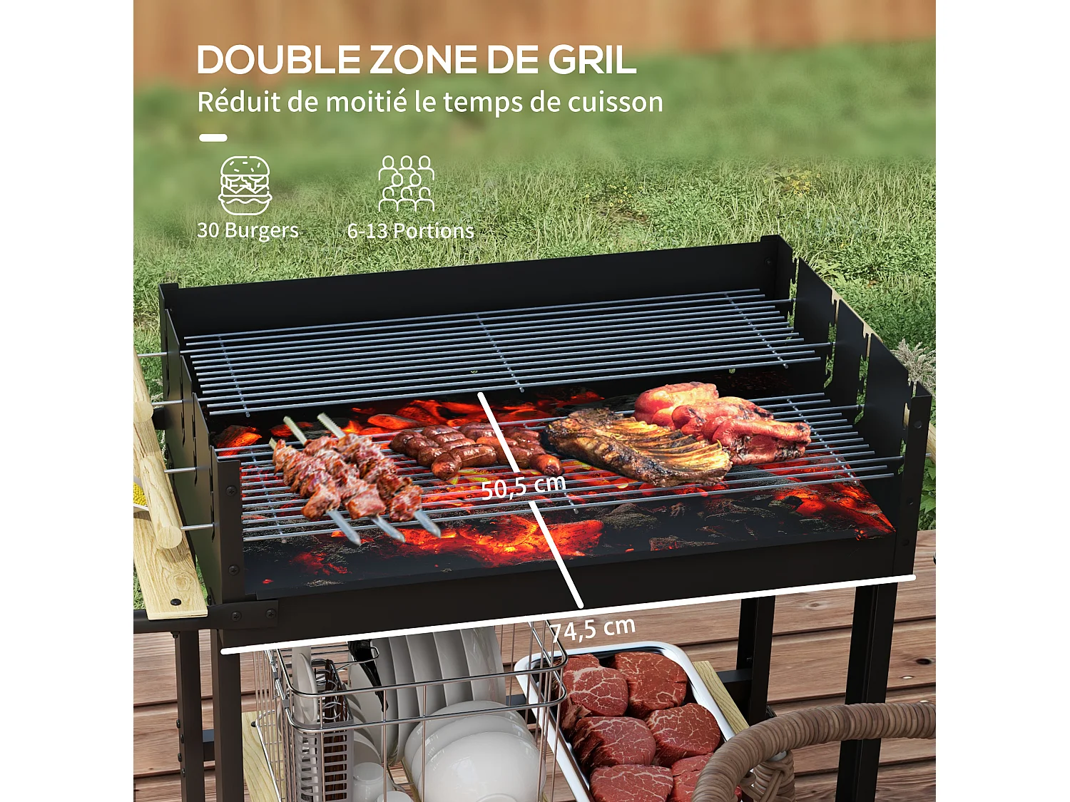 Barbecue à charbon sur pied double grille réglable 2 roues 2 étagères noir