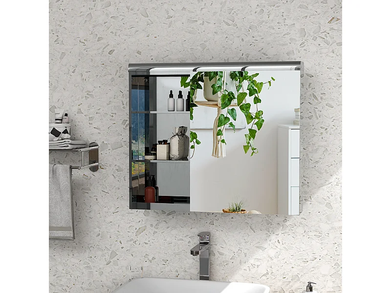 Armoire miroir salle de bain - meuble mural 2 étagères - dim. 70L x 13l x 60H cm - acier inox. verre
