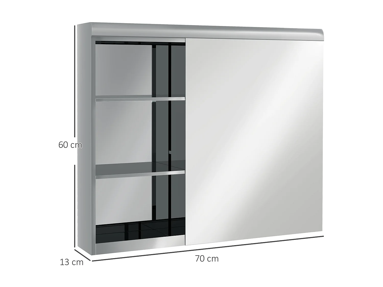 Armoire miroir salle de bain - meuble mural 2 étagères - dim. 70L x 13l x 60H cm - acier inox. verre