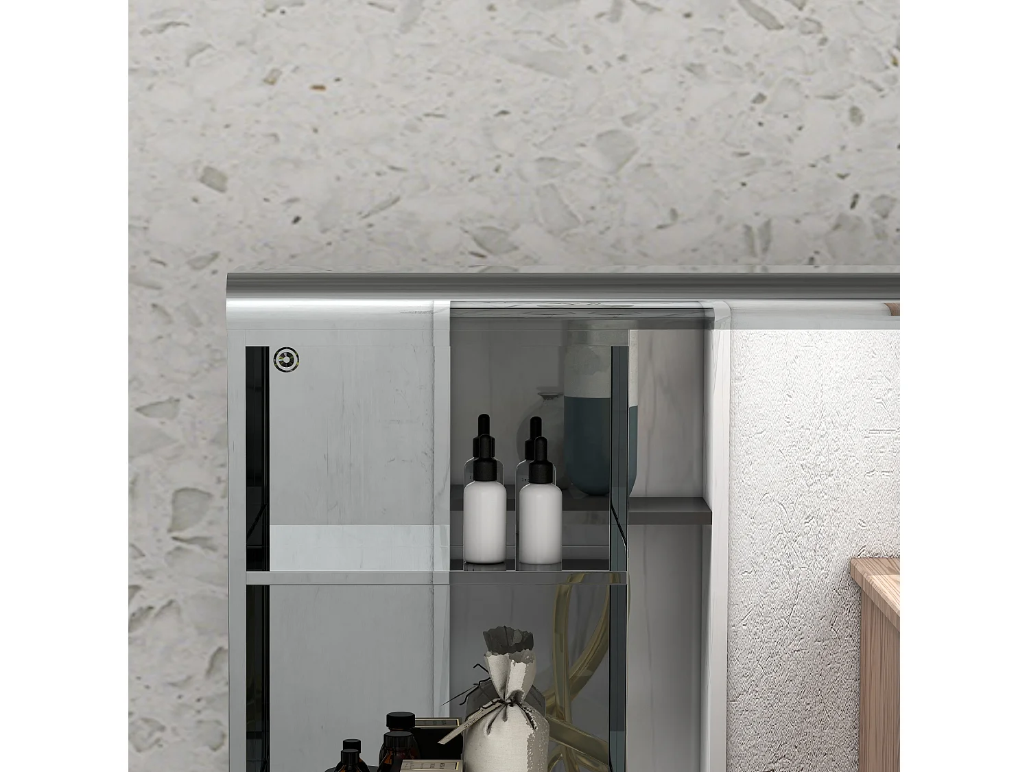 Armoire miroir salle de bain - meuble mural 2 étagères - dim. 70L x 13l x 60H cm - acier inox. verre