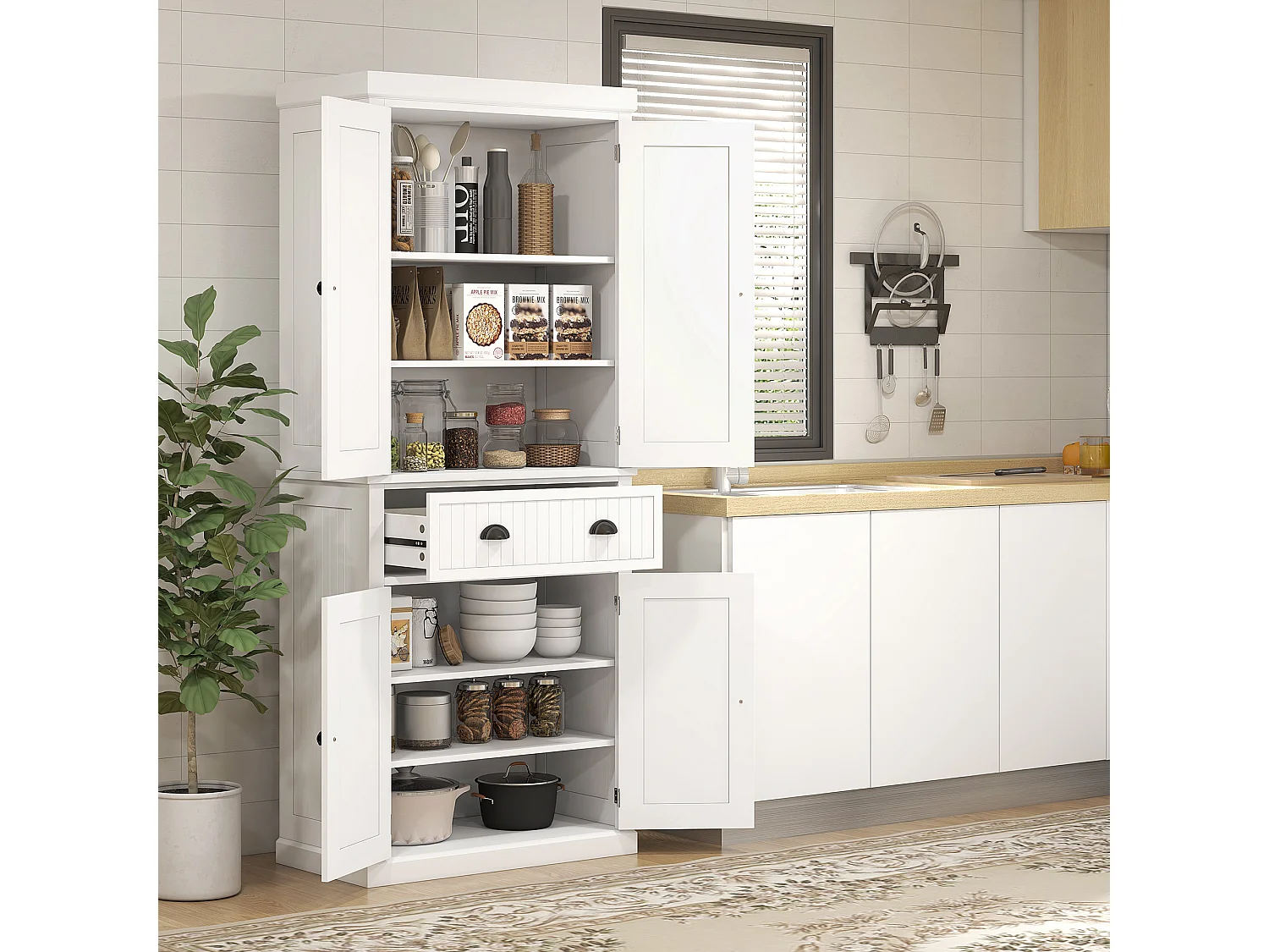 Buffet haut multi-rangement - 4 portes, grand tiroir - dim. 76L x 40l x 183H cm - panneaux MDF blanc