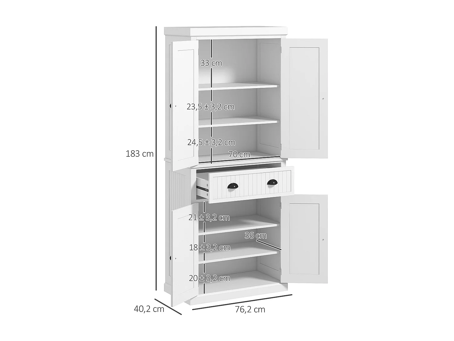 Buffet haut multi-rangement - 4 portes, grand tiroir - dim. 76L x 40l x 183H cm - panneaux MDF blanc