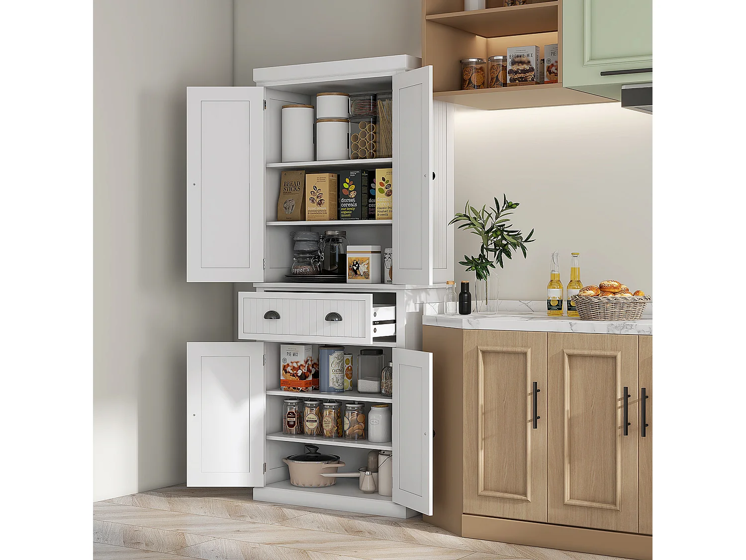 Buffet haut multi-rangement - 4 portes, grand tiroir - dim. 76L x 40l x 183H cm - panneaux MDF blanc
