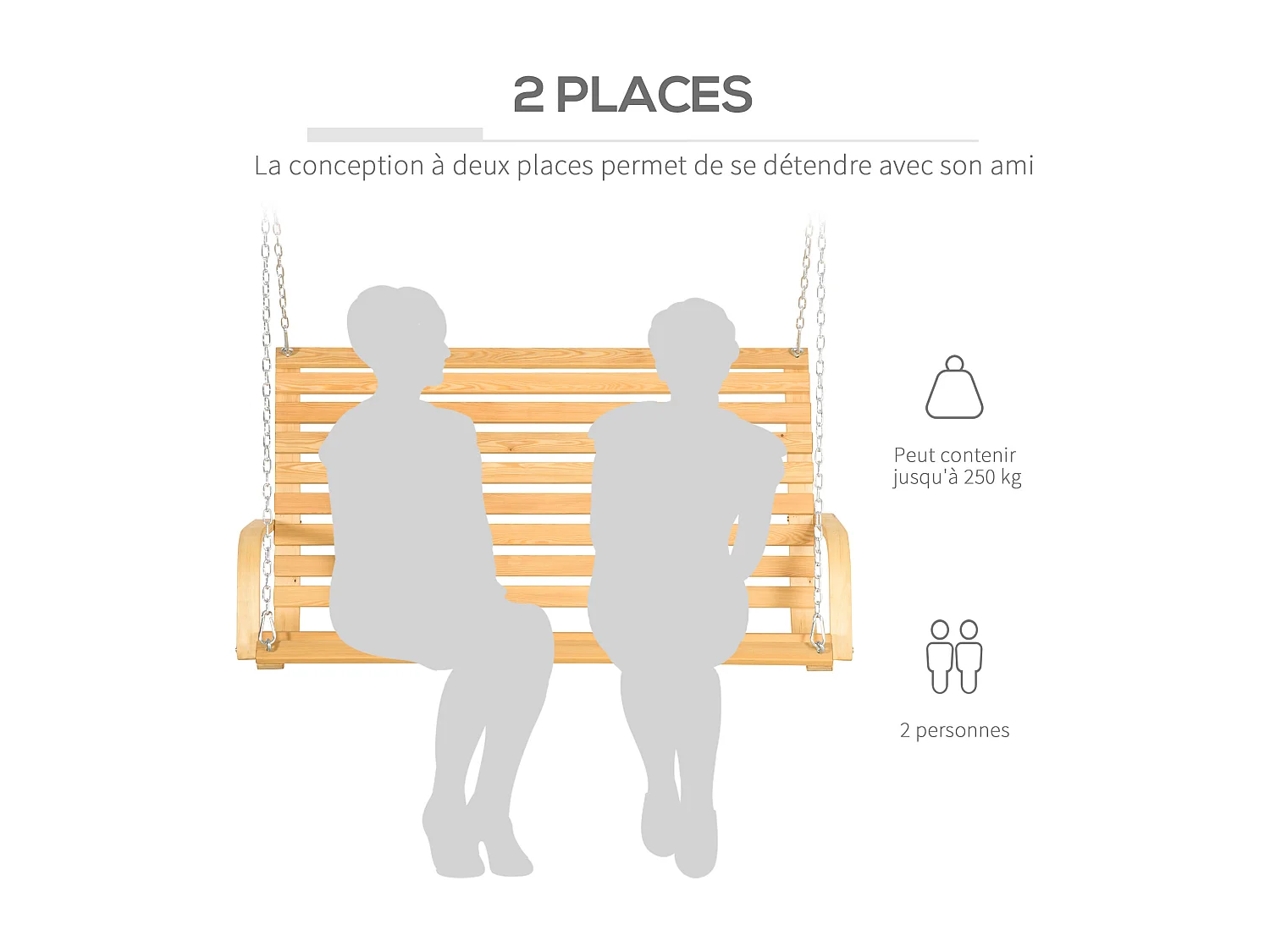 Banc suspendu 2 places balancelle de jardin en bois - chaînes incluses