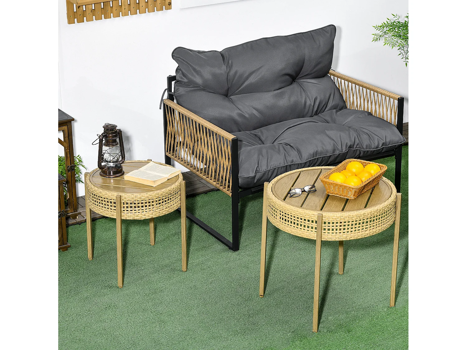 Lot de 2 tables gigognes de jardin style bohème chic PE aspect rotin métal effet bois