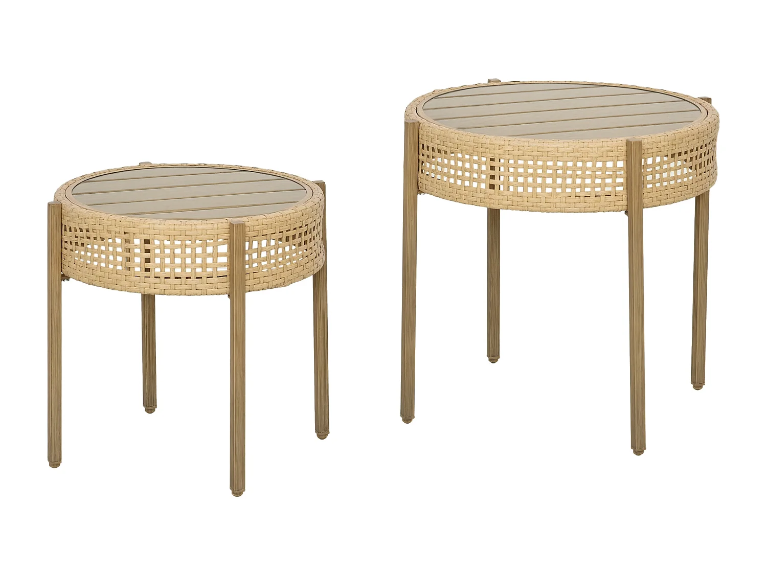 Lot de 2 tables gigognes de jardin style bohème chic PE aspect rotin métal effet bois