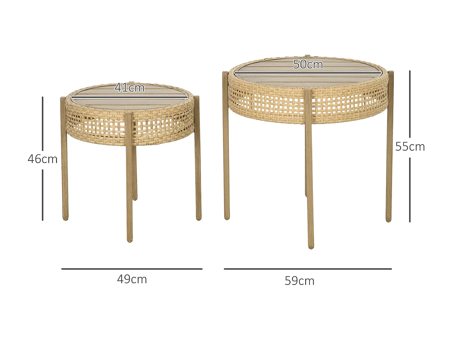 Lot de 2 tables gigognes de jardin style bohème chic PE aspect rotin métal effet bois