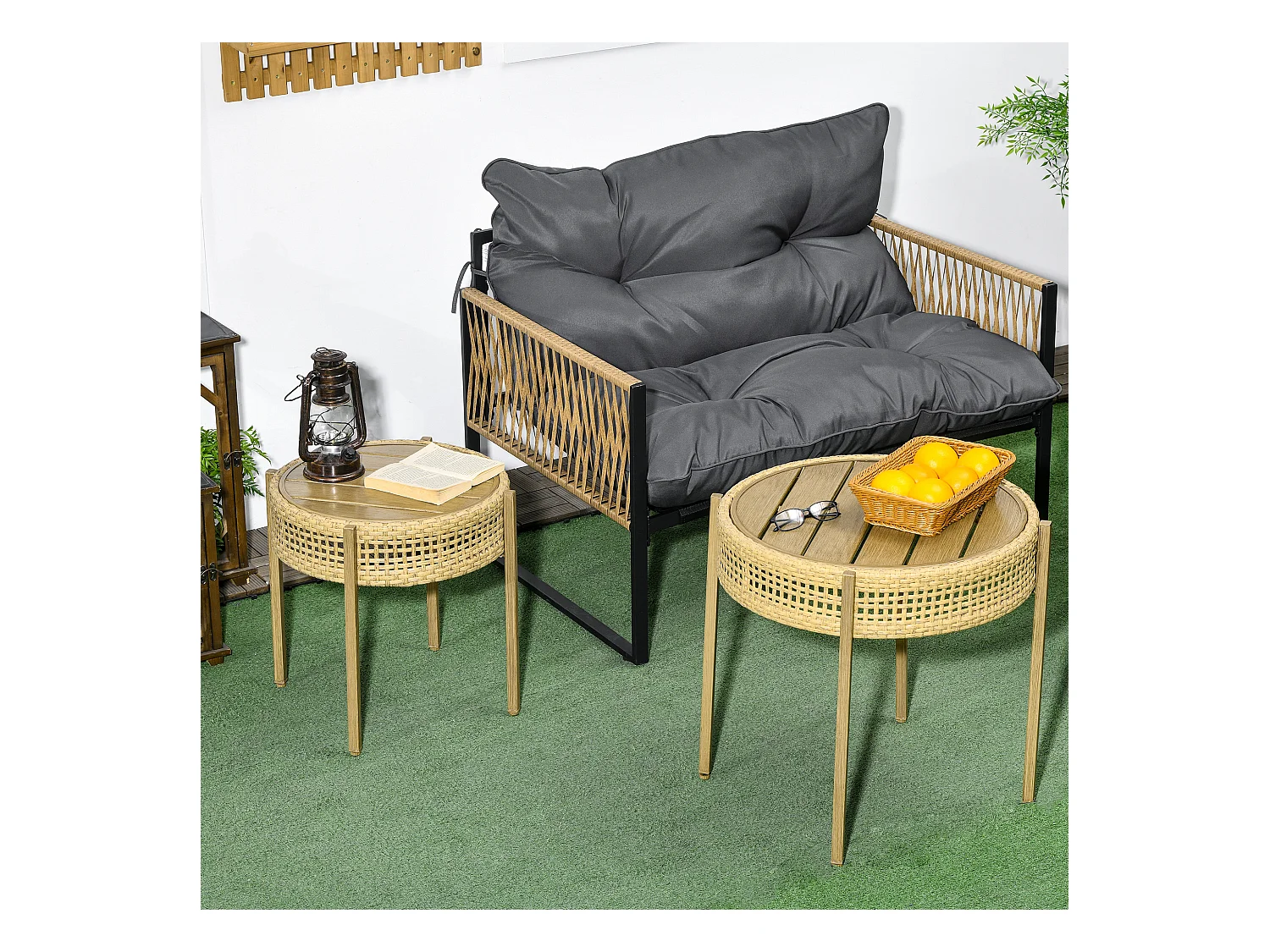 Lot de 2 tables gigognes de jardin style bohème chic PE aspect rotin métal effet bois