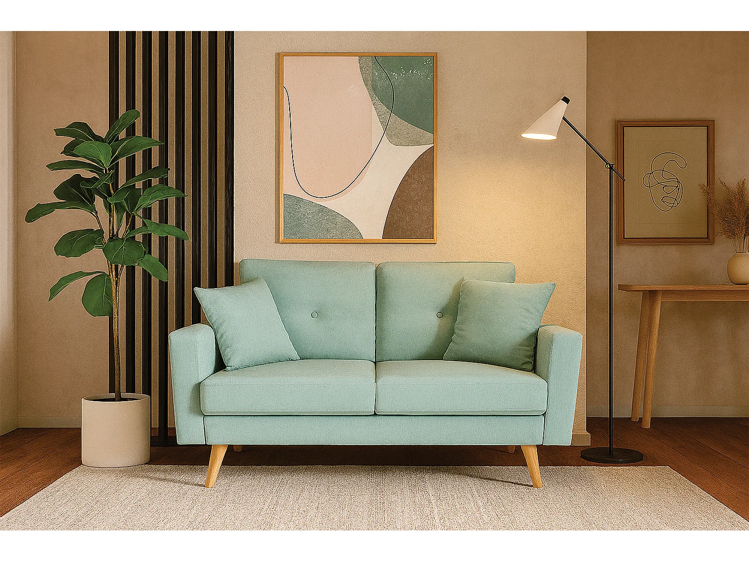 Divano 2 posti in tessuto vellutato verde tiffany piedi in legno mod. Chloe