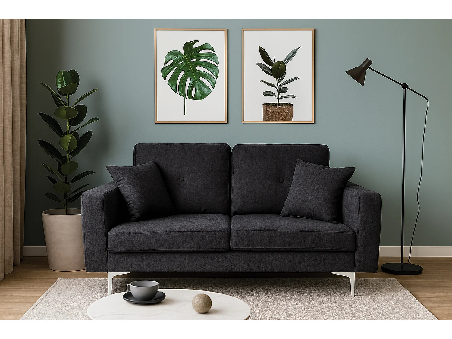 Divano 2 posti in tessuto vellutato nero piedi in metallo mod. Chloe