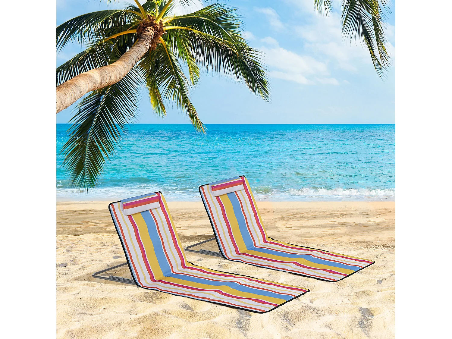 Lot de 2 tapis de plage rembourrés - dossier inclinable 5 positions - sac transport inclus - acier polyester multicolore