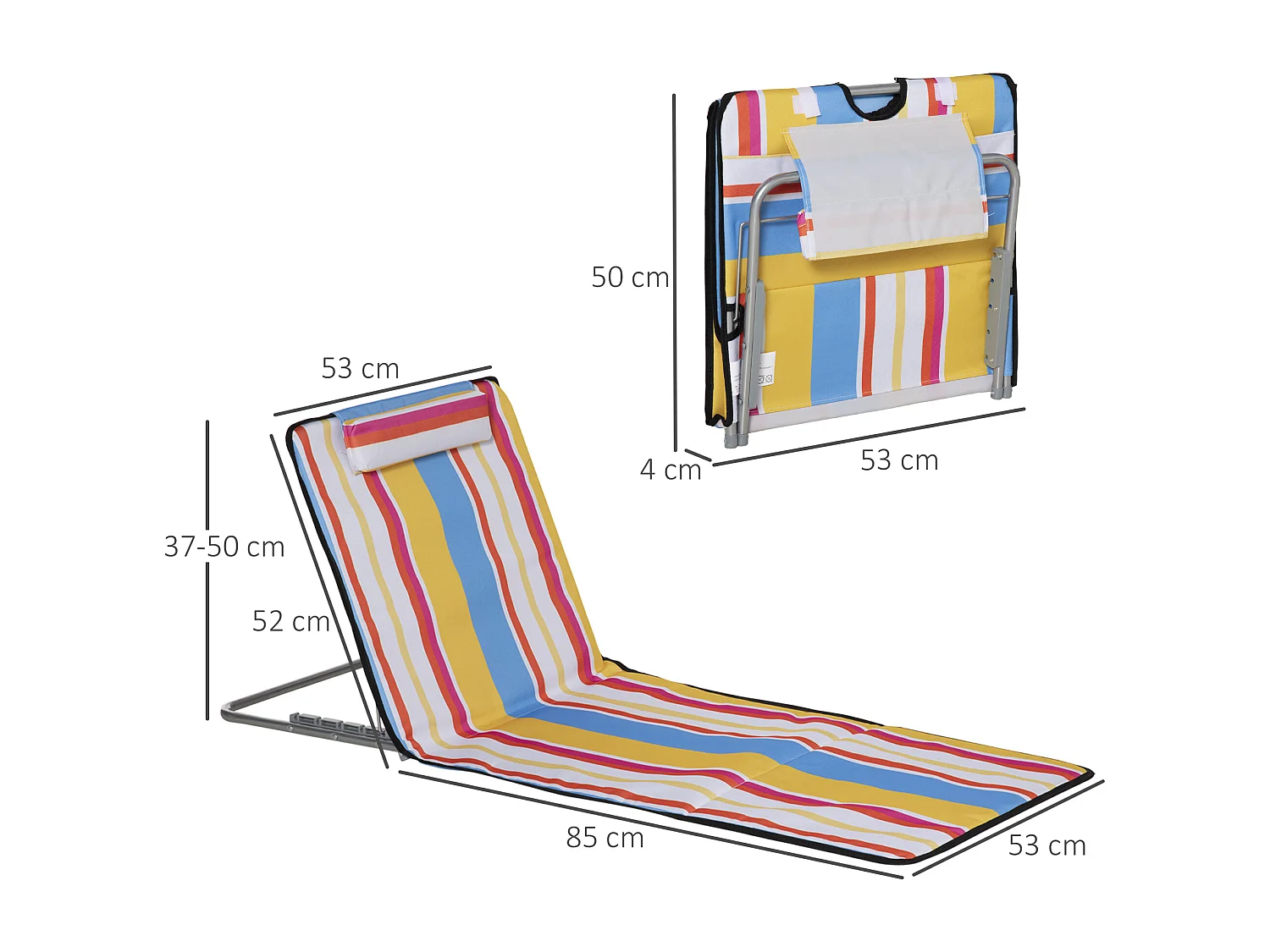 Lot de 2 tapis de plage rembourrés - dossier inclinable 5 positions - sac transport inclus - acier polyester multicolore